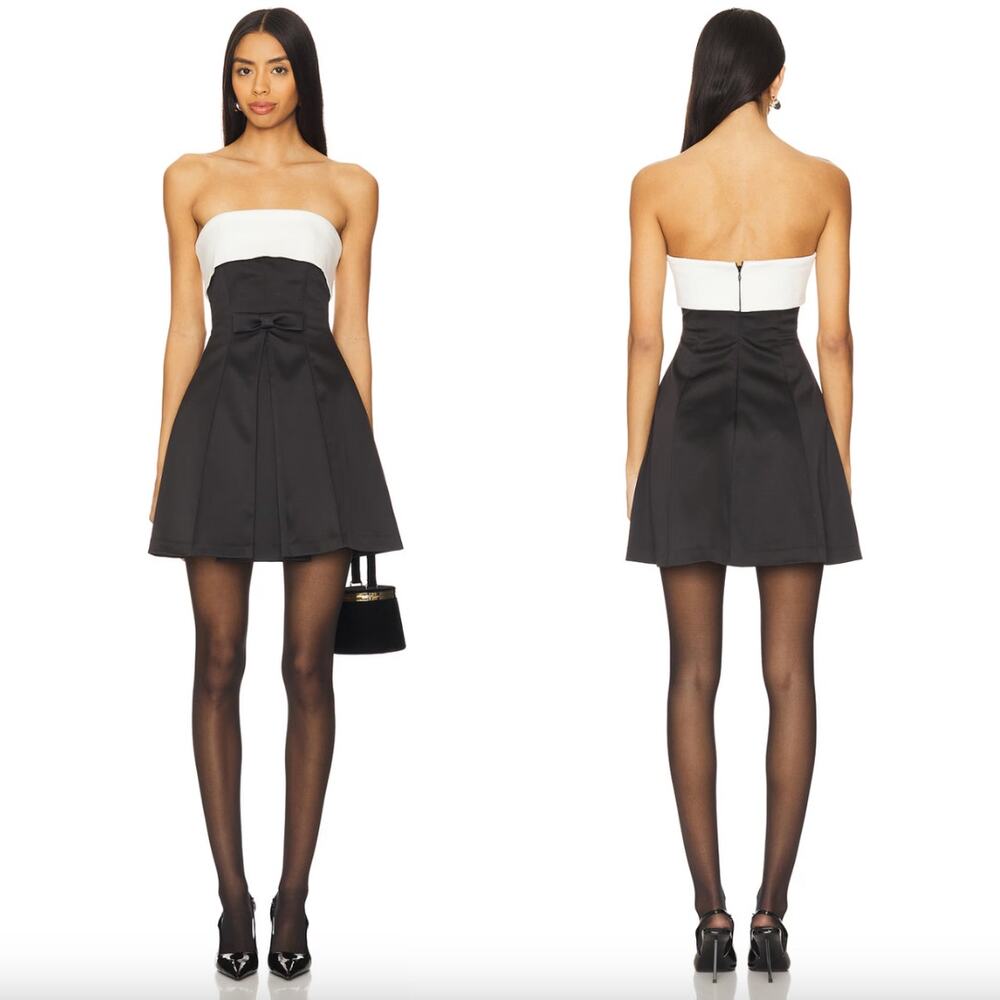 Lovers and Friends | NWT Ione Mini Dress in Black & Ivory Satin Tuxedo Bow S